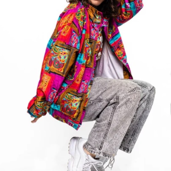 Vintage 90s Y2K EVR Streetwear Scarf Print Silky Jacket Windbreaker Large - Picture 2 of 8